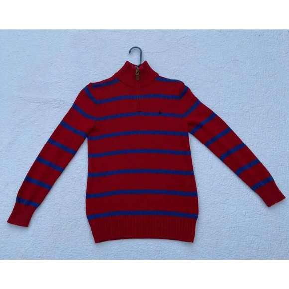 Ralph Lauren Boys Long Sleeve 1/4 Zip Mock Neck Sweater Red Stripes Sz L (14-16) - Picture 1 of 6